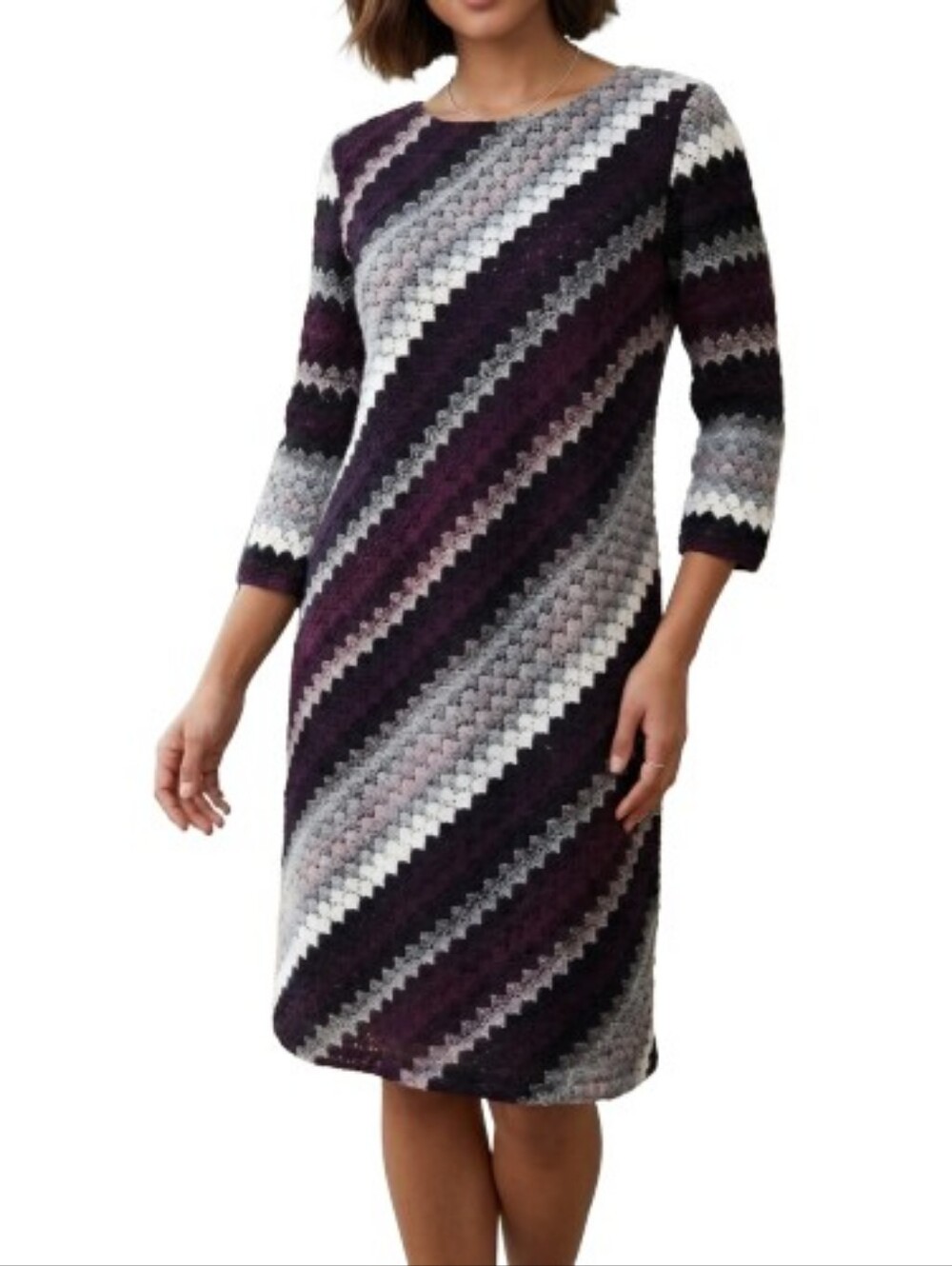 Studio One Plus Dress Purple Multicolor Striped 3/4 Sleeves Knit Style Lace